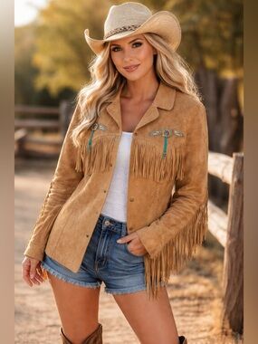 Via Accenti Fringe Suede Western Jacket in Tan with Turquoise & Beads, 22W